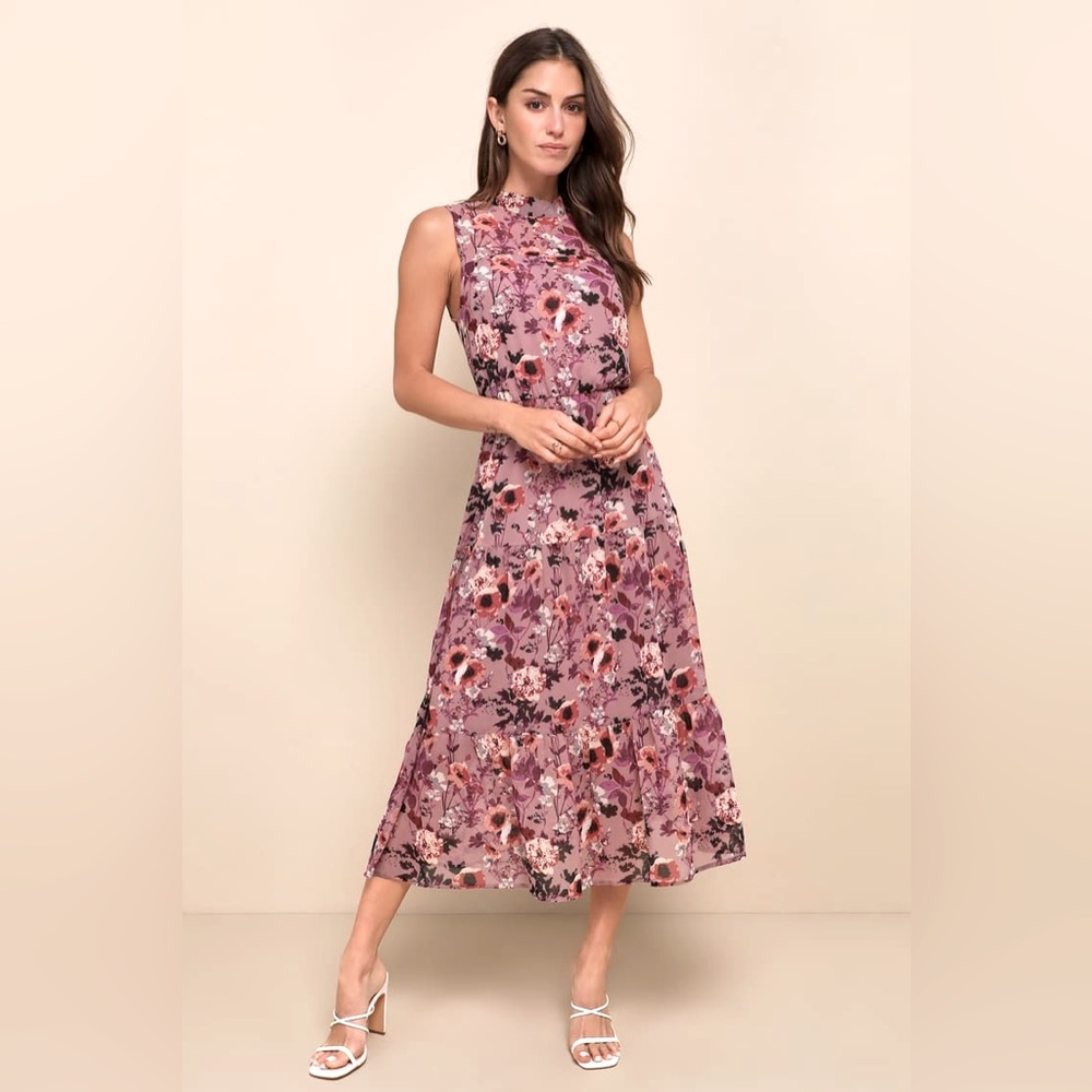 *NWT* LULUS Mauve Floral Print Midi Dress